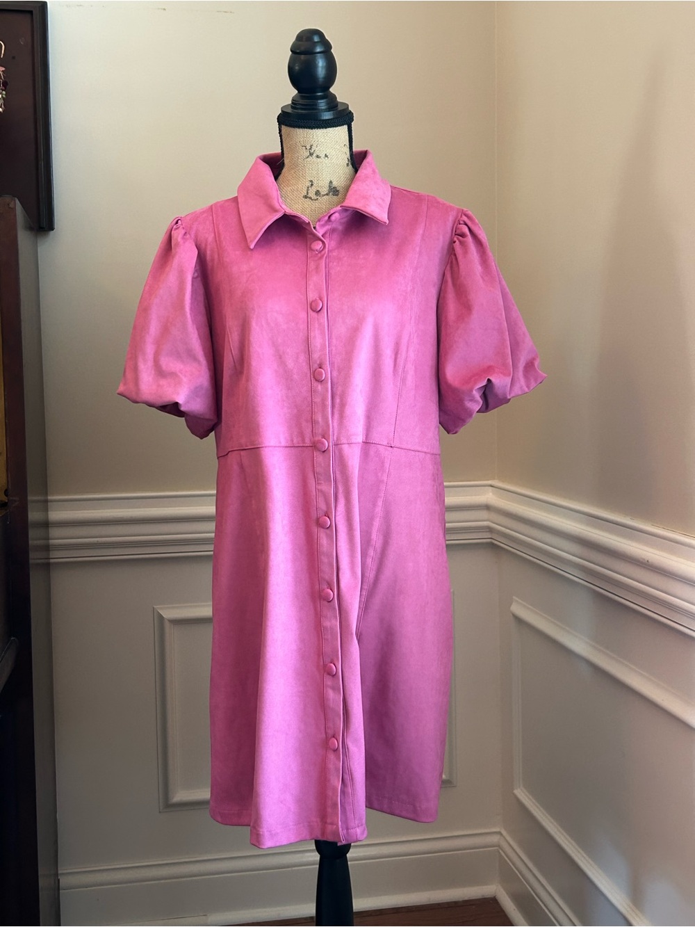 Suede Feel Pink Button-Front Short Sleeve Dress